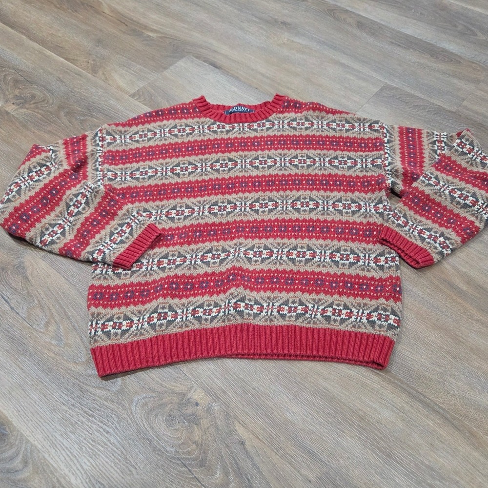 Old Navy Mens Red Fair Isle Knit Crew Neck Sweater Long Sleeve Pullover L